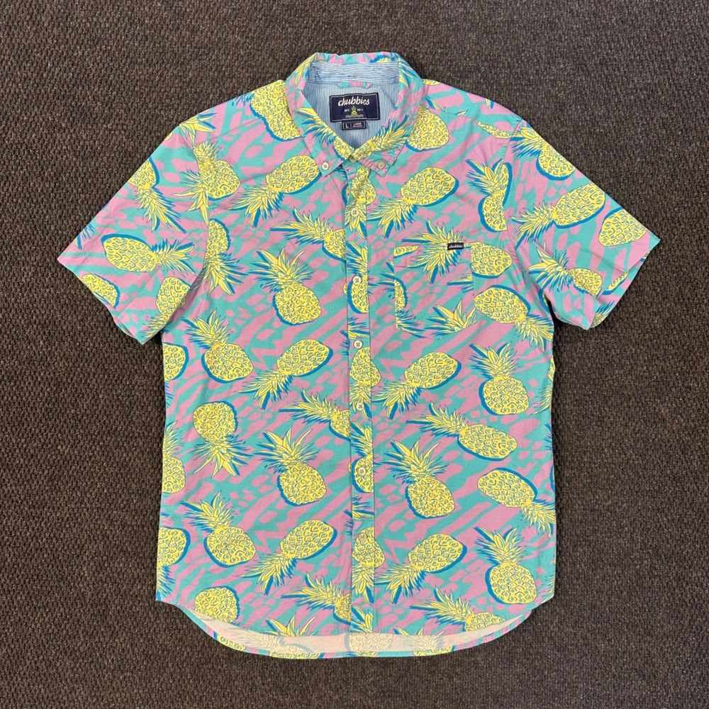 Chubbies Pineapple Button Down Shirt Mens Large Pink Blue Regular Fit Vacation